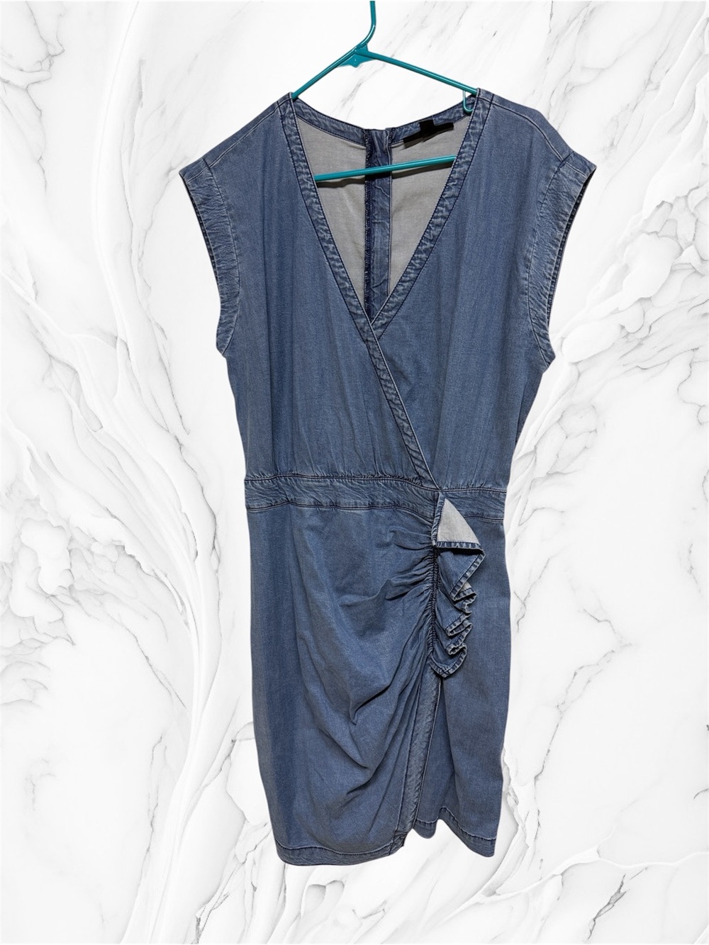 INC International Concepts Chambray denim Blue Faux-Wrap Mini Dress size 10